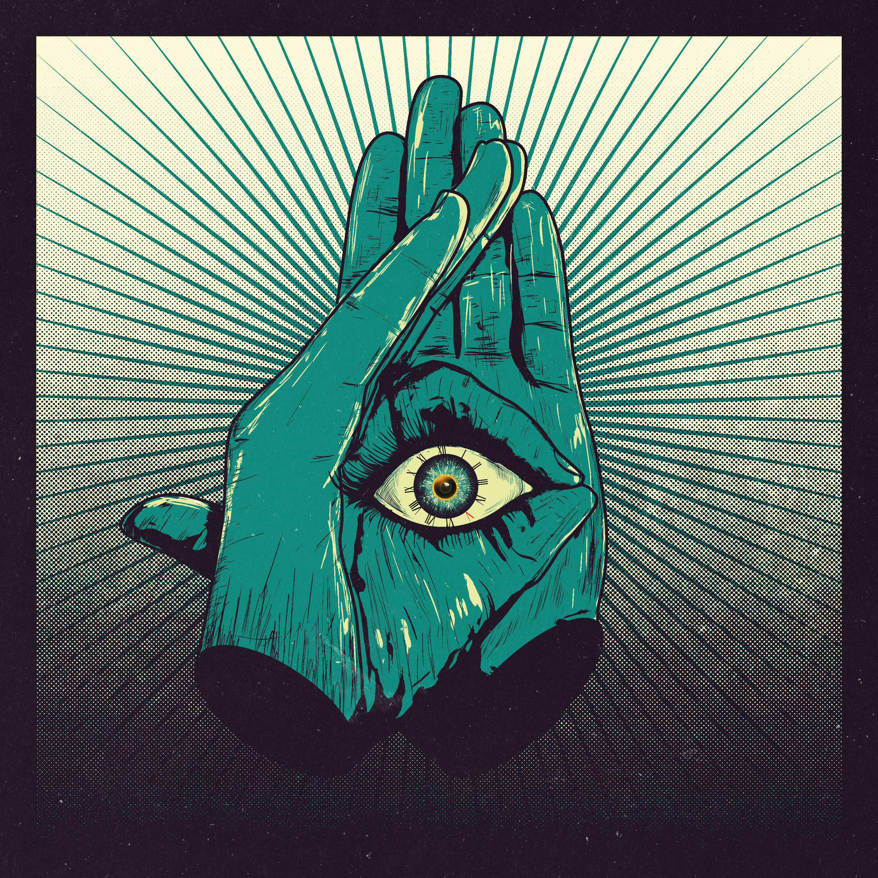 An illustrated teal hand with an eye in its palm, framed by radiating lines on cream paper.