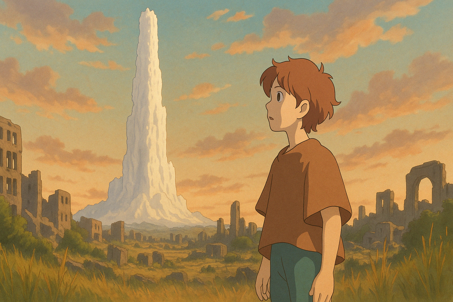 A young figure looks toward a tall white salt pillar among the ruins of a city at sunset.